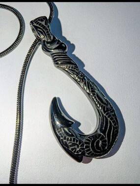 Men's Black Engraved Fish Hook Pendant Necklace